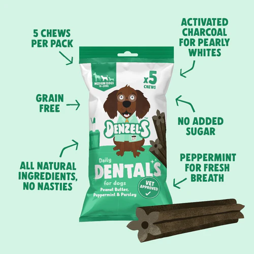 Denzel's Medium Dog Daily Dentals Chews Peanut Butter Peppermint & Parsley 5 Chews